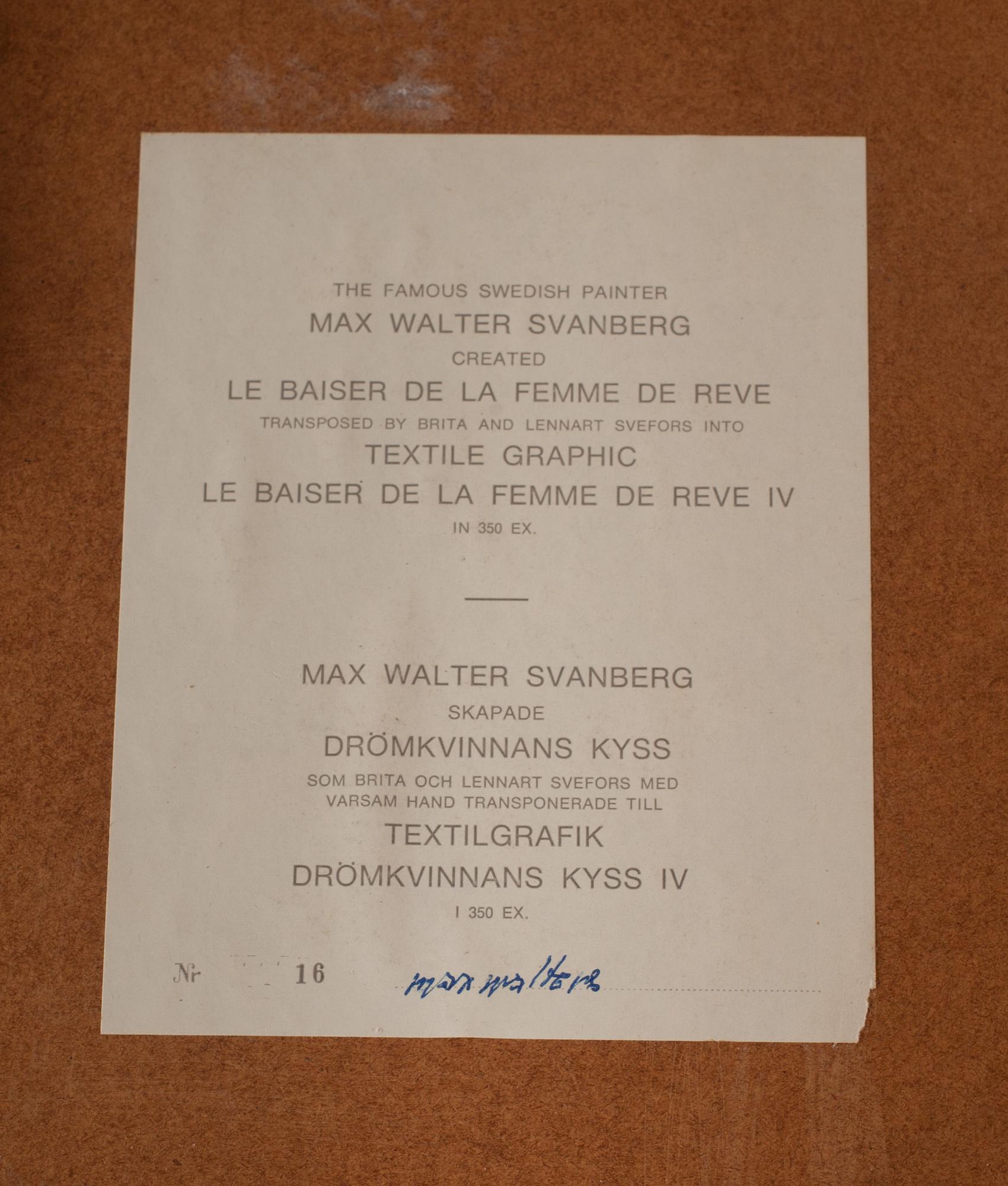 MAX WALTER SVANBERG, textiltryck, signerad och numrerad 16/350 på etikett a tergo.