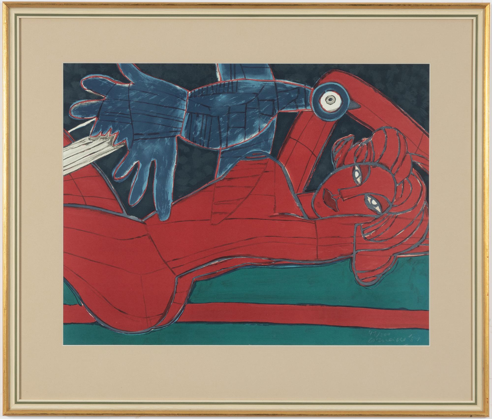 Beverloo Corneille, "Reclining Red Nude with Bird".