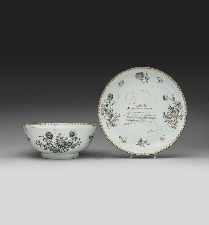 A grisaille punch bowl and stand, with a Swedish Bank note, Qing dynasty, Qianlong dated 1762.