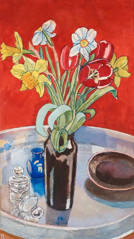 Hilding Linnqvist, Still life with spring bouquet in a vase against a red background.