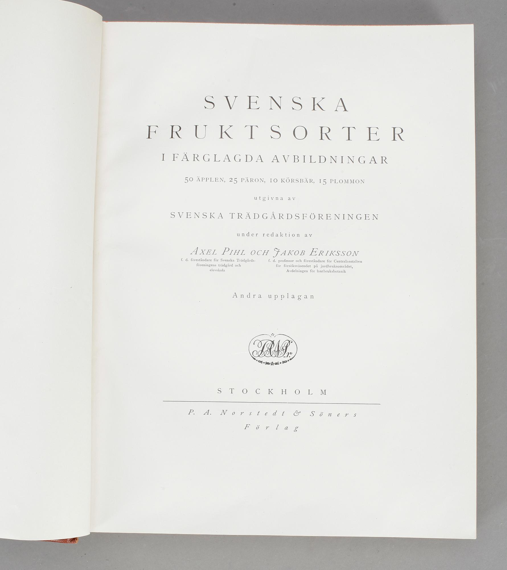 BOK, "Svenska Fruktsorter", Phil-Eriksson, PA Norstedt & Söners Förlag Stockholm 1924.