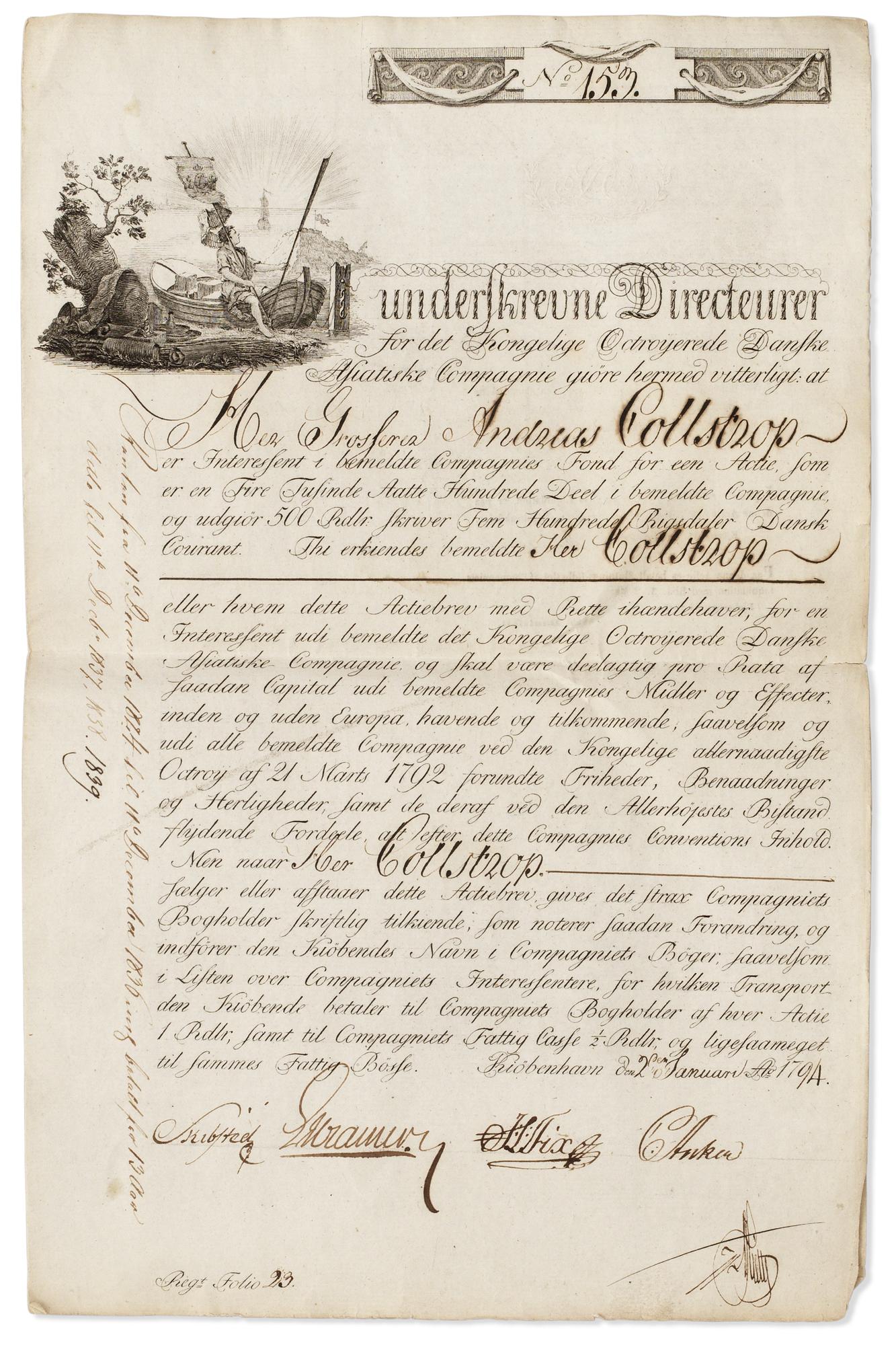 A share certificate of the Danish East India Company, no 153, dated 2 January 1794, 24 April 1838, 11 December 1840, 11 June 1841 and 1845.