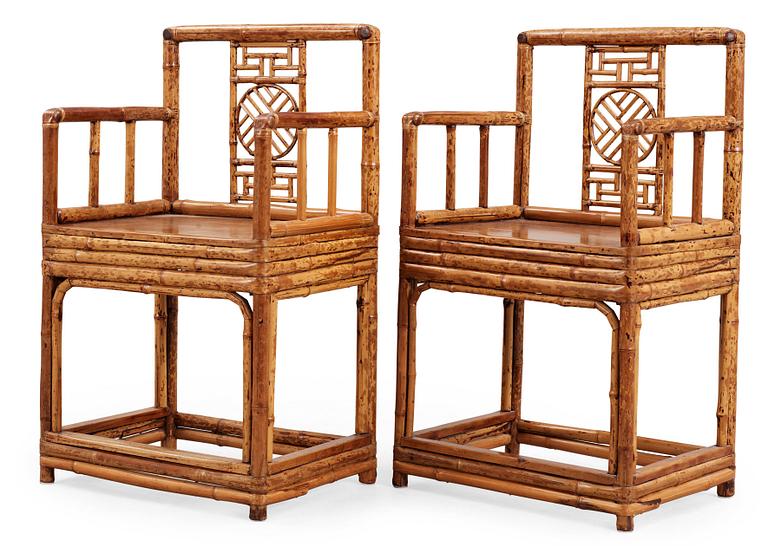 A pair of Bambu and Hardwood armchairs. Qing dynasty, 19th Century.