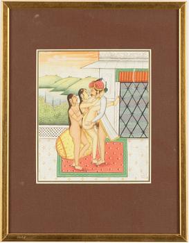 Unidentified artist, Erotic scenes, India, 20th century. Three pieces.