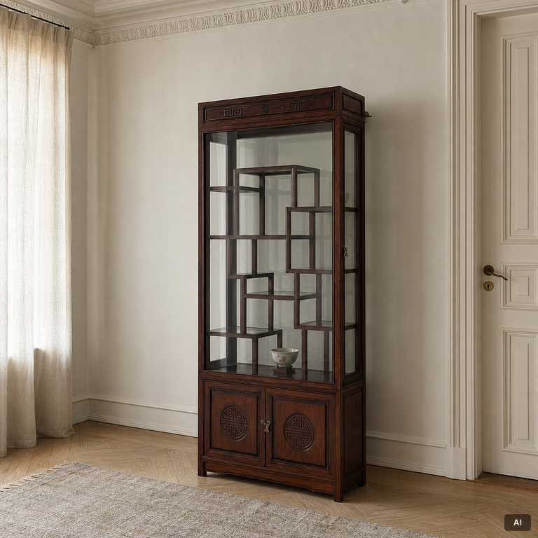 A Chinese display cabinet, wood and glass, later part of the 20th century.