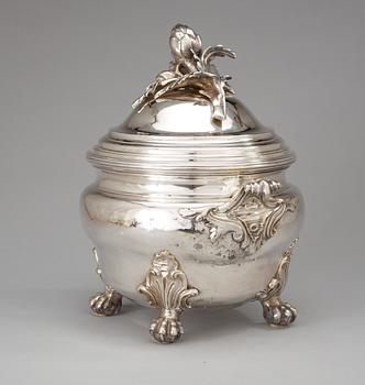 A Louis XV 1740's silvered brass/argent haché tureen with cover stamped with C couronné.