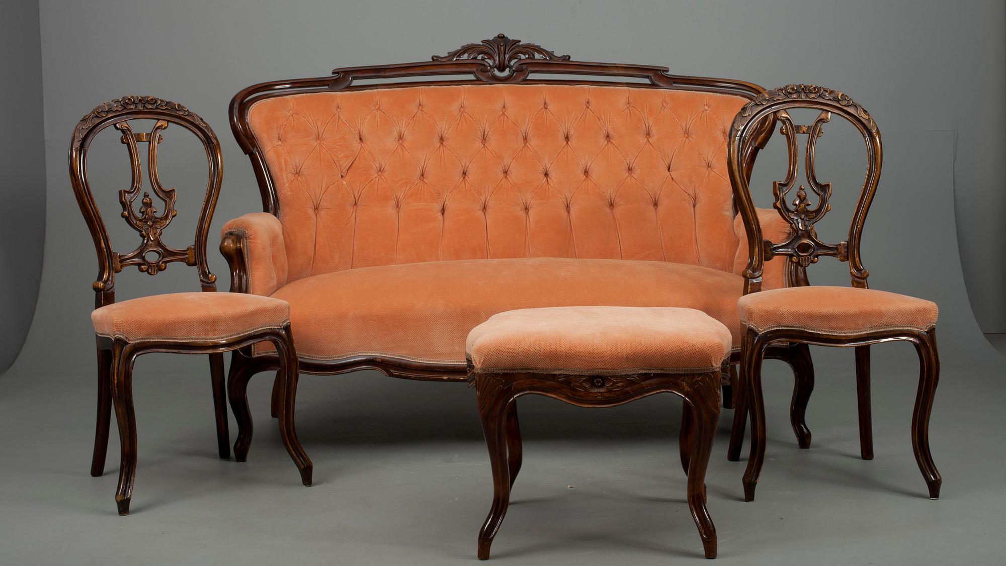 SOFFA, TABURETT samt STOLAR, ett par, nyrokoko-stil, 1800-talets slut.