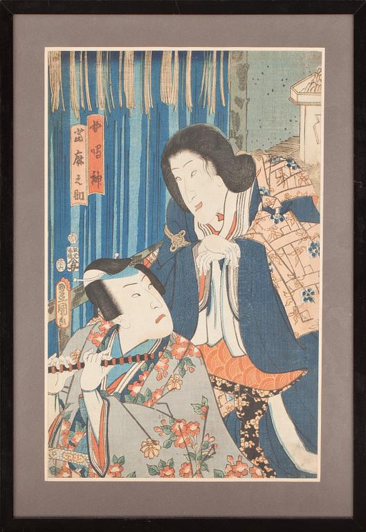 TRÄSNITT, 2 st, Japan. Kunisada resp Kunichika Toyohara. 1800-tal.