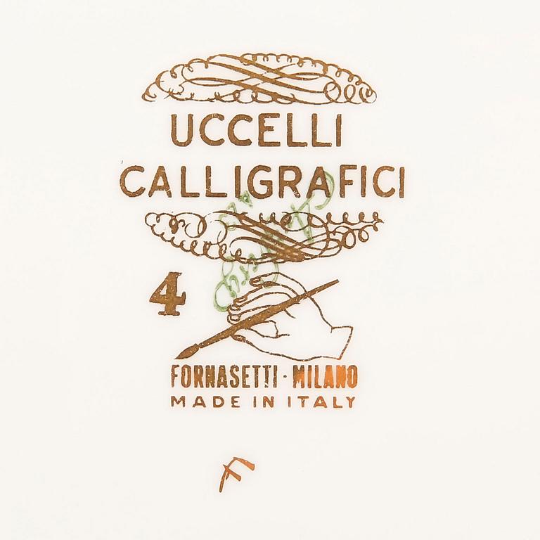 Piero Fornasetti, plates, 7 pcs, "Uccelli Calligrafic", Italy.