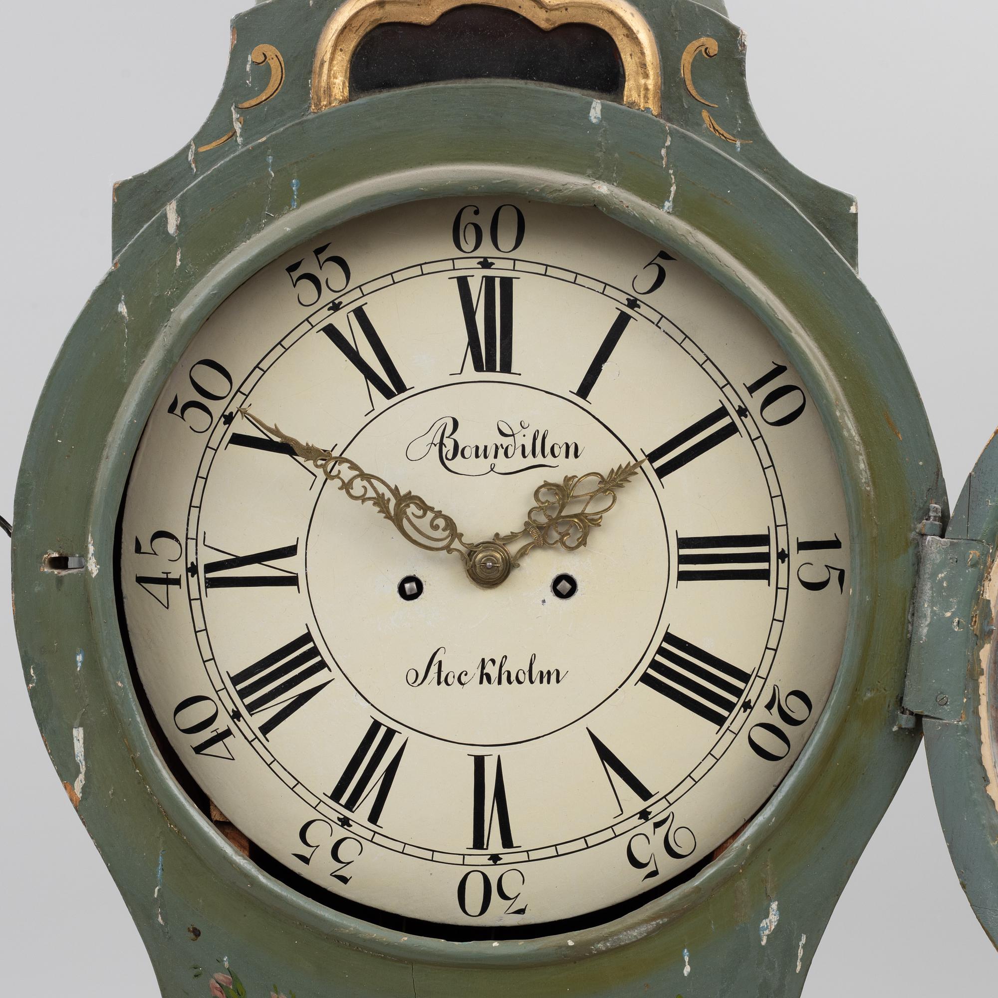 A Swedish Rococo longcase clock. The dial signed by Augustin Bourdillon, Stockholm.
