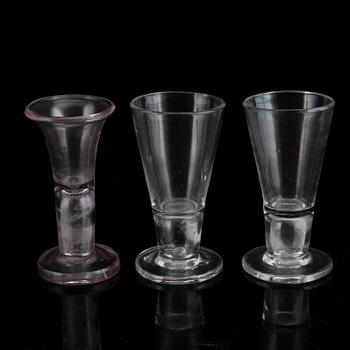 Six similar 18th century wine glasses.
