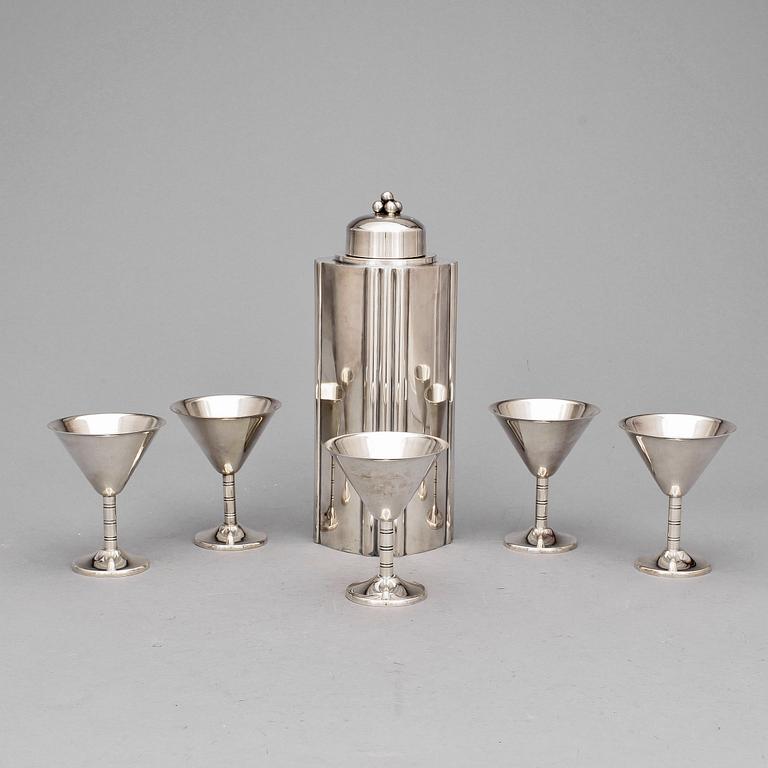 SHAKER samt GLAS, 6 st, nysilver, Tesi, 1900-talets andra kvartal.