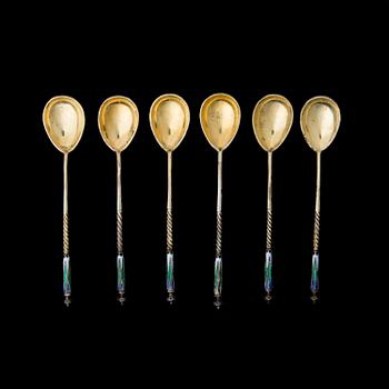 SKEDAR 6 st , silver och emalj, Moskva ca 1900, guldsmed E.O.