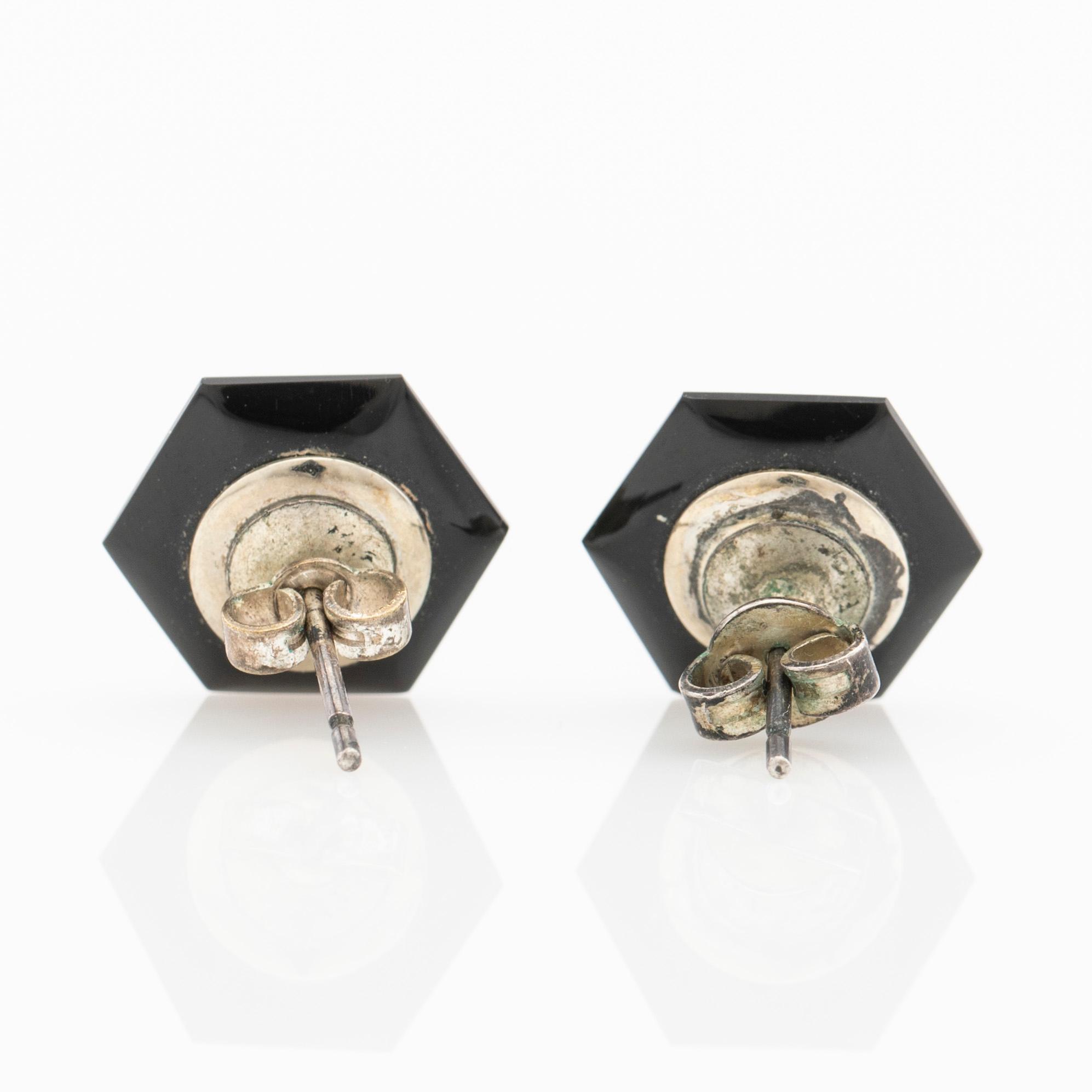 Earrings, a pair, silver and enamel with brilliant-cut diamonds.