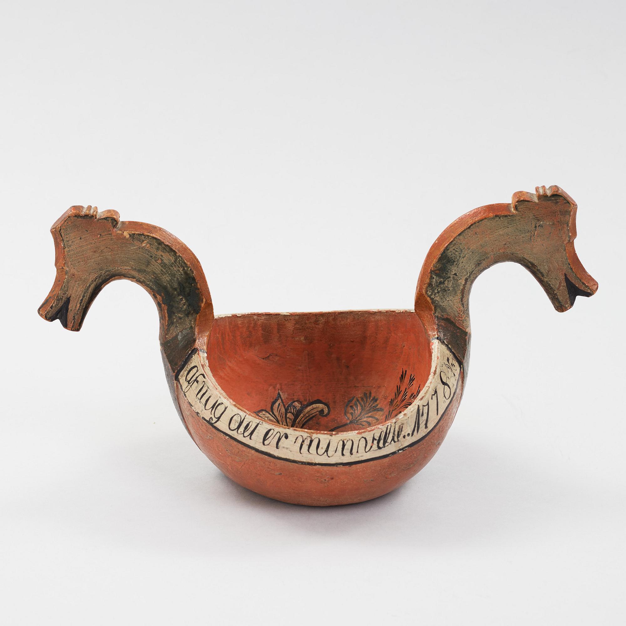 A Norwegian 18th century "Kjenge" painted carved wood ale cup bowl.