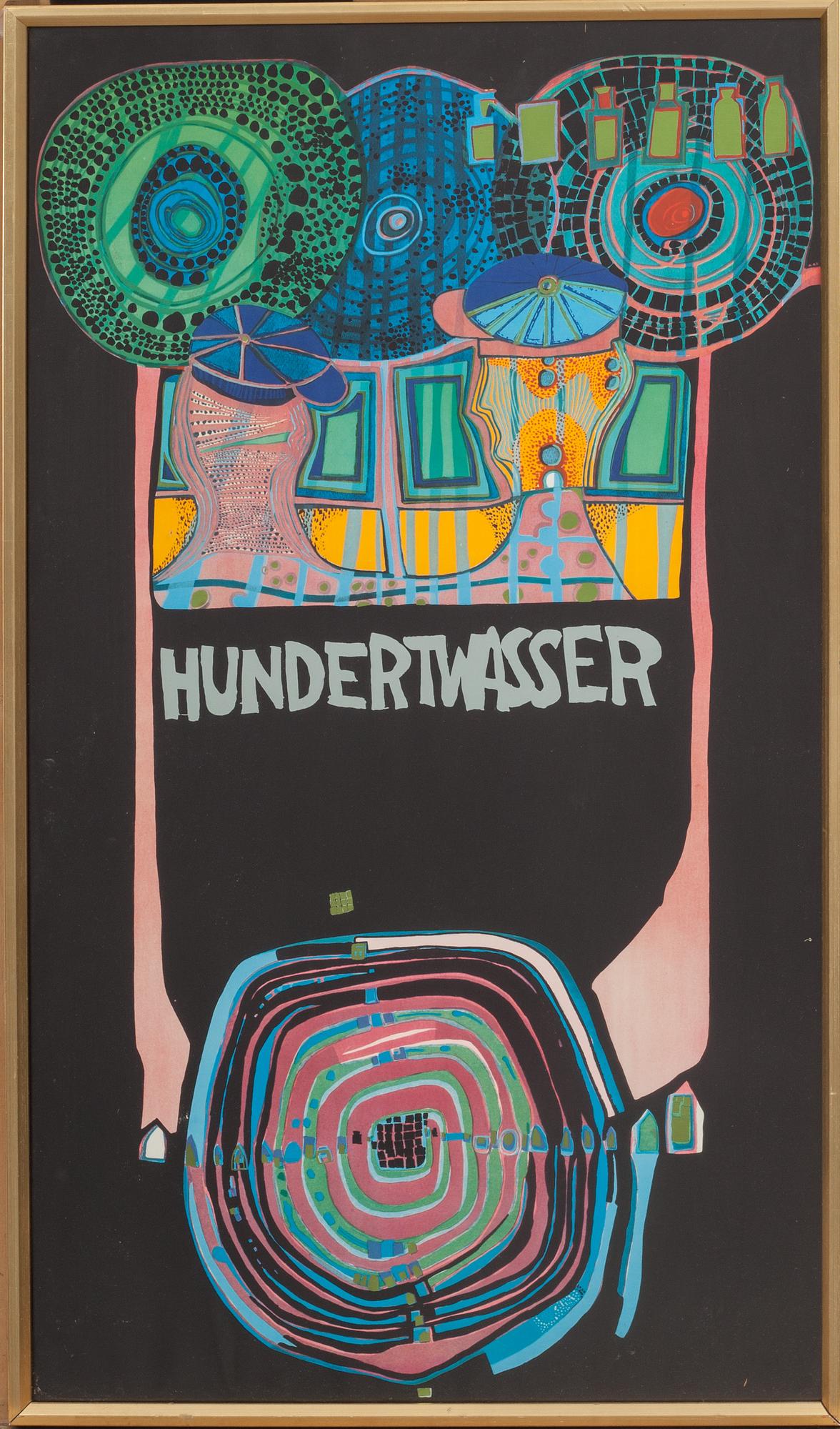 FRIEDENSREICH HUNDERTWASSER, efter, offsettryck med guldprägling. 1900-tal.