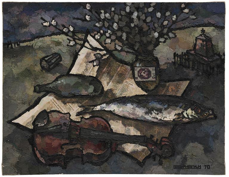 Oskar Rabin, Still life with fish, vodka bottle, banknote and newspaper.