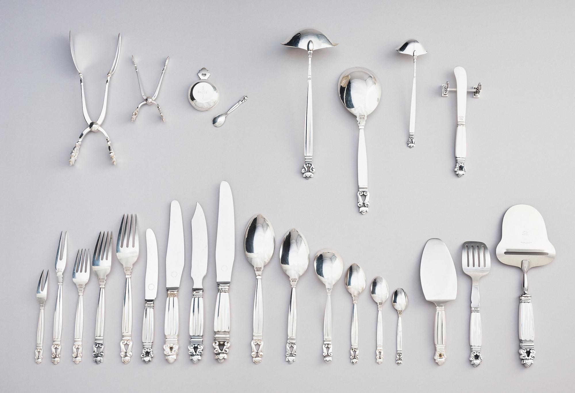 Johan Rohde, bestickuppsättning, 154 delar "Konge/Acorn", Georg Jensen, Jensen & Wendel, Köpenhamn 1945-51, sterling och rostfritt.