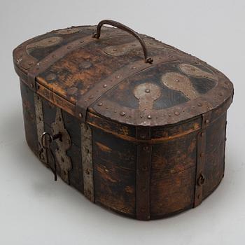 An wrought iron mounted pine box. Circa 1800.