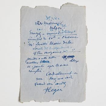 HANDWRITTEN MESSAGE from Fernand Léger to GAN (Gösta Adrian-Nilsson) in Paris, 1920-25.