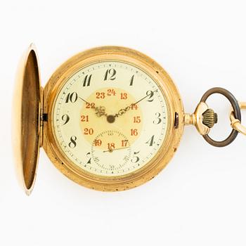 Pocket watch, hunter, 18K gold, chain 18K gold, 55 mm.