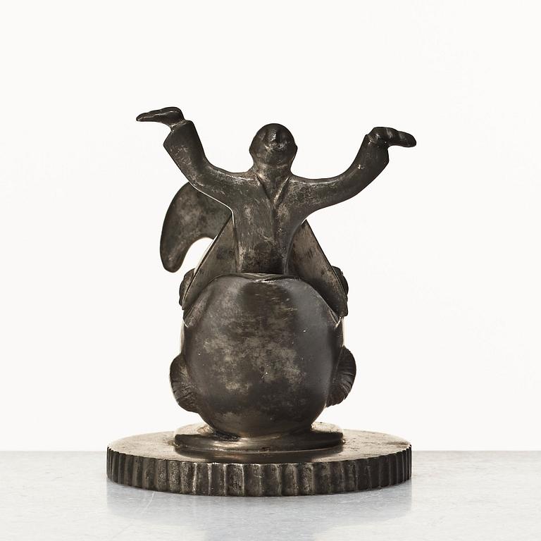 Carl Milles, a pair of pewter candlesticks and inkwell, Herman Bergman, 1930, the model exhibited at the Stockholm Exhibition.