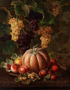 505. Johan Laurentz Jensen, Still life with pumpkin, peaches and nuts.