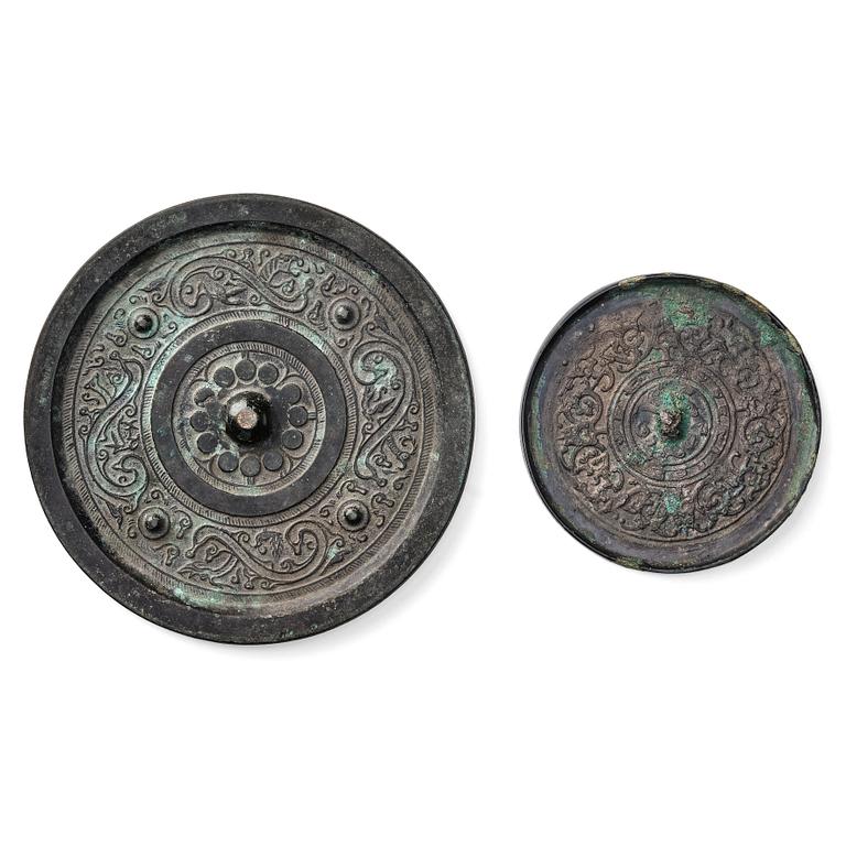Two bronze mirrors, Han dynasty  (206 BC–220 AD).