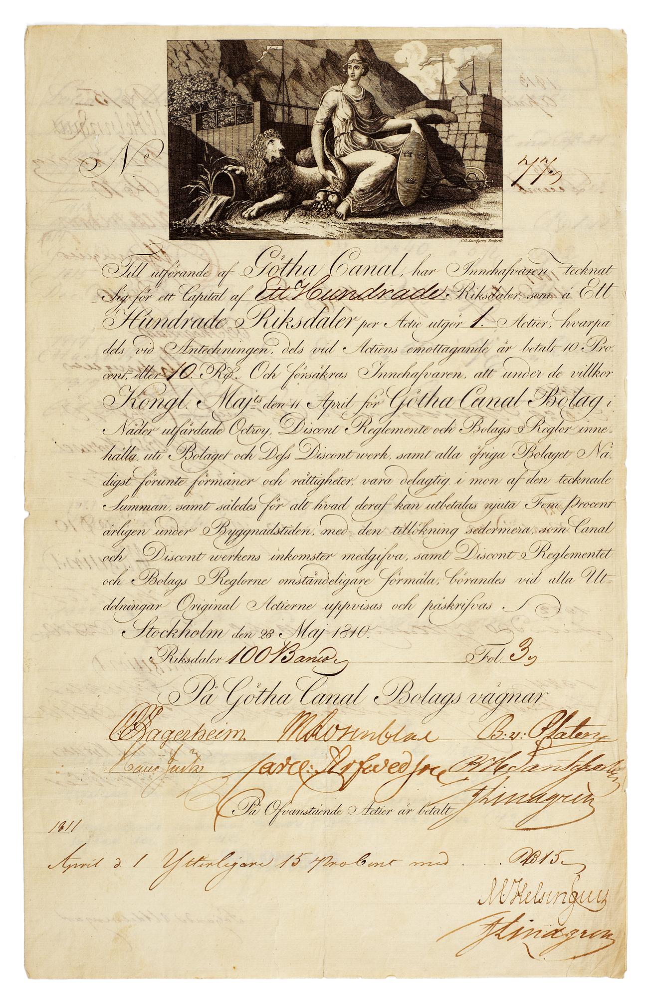 SVENSKA AKTIEBREV 1728-1899, en samling om 1198 aktiebrev samt diverse dokument rörande Göta kanal bolaget såsom regler.