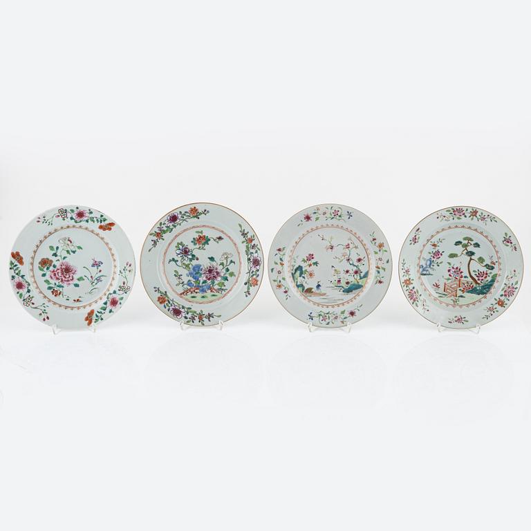 Twelve Famille Rose plates and two small plates, China, Qianlong (1736-95).