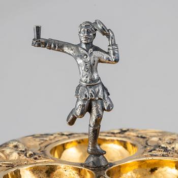A German parcel-gilt saltcellar/spice rack, makers mark Paulus Braunacker, Nurnberg, probably mid 17th Century.