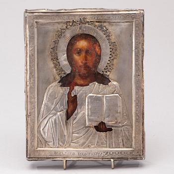 IKON MED SILVERRISA, olja på pannå, mästarstämpel Ivan Lebedkin, Moskva, Ryssland 1800-talets slut.