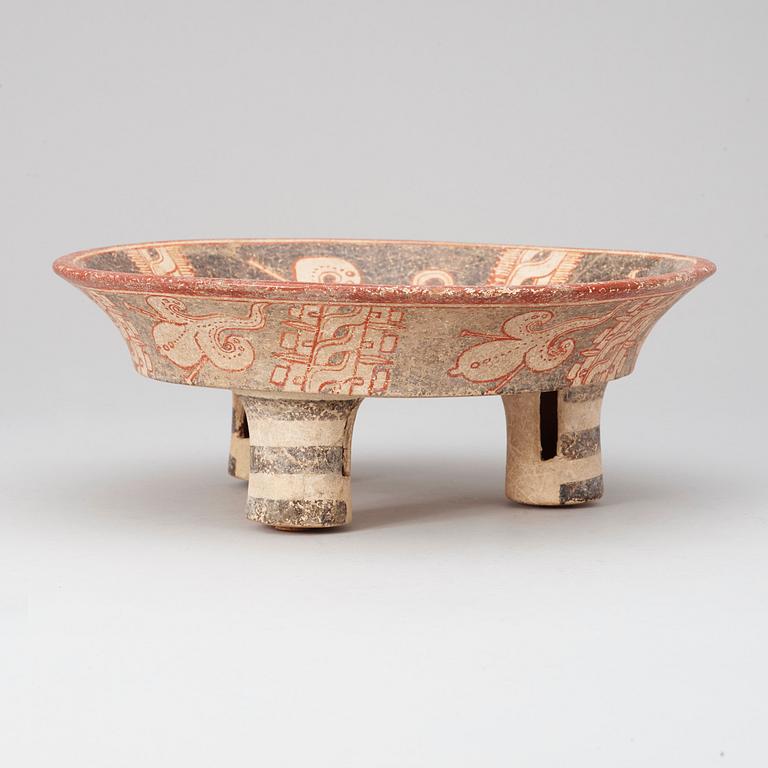 A MAYAN POLYCHROME TRIPOD CEREMONIAL CHOCOLATE BOWL, late Classic, ca 550-950 A.D.