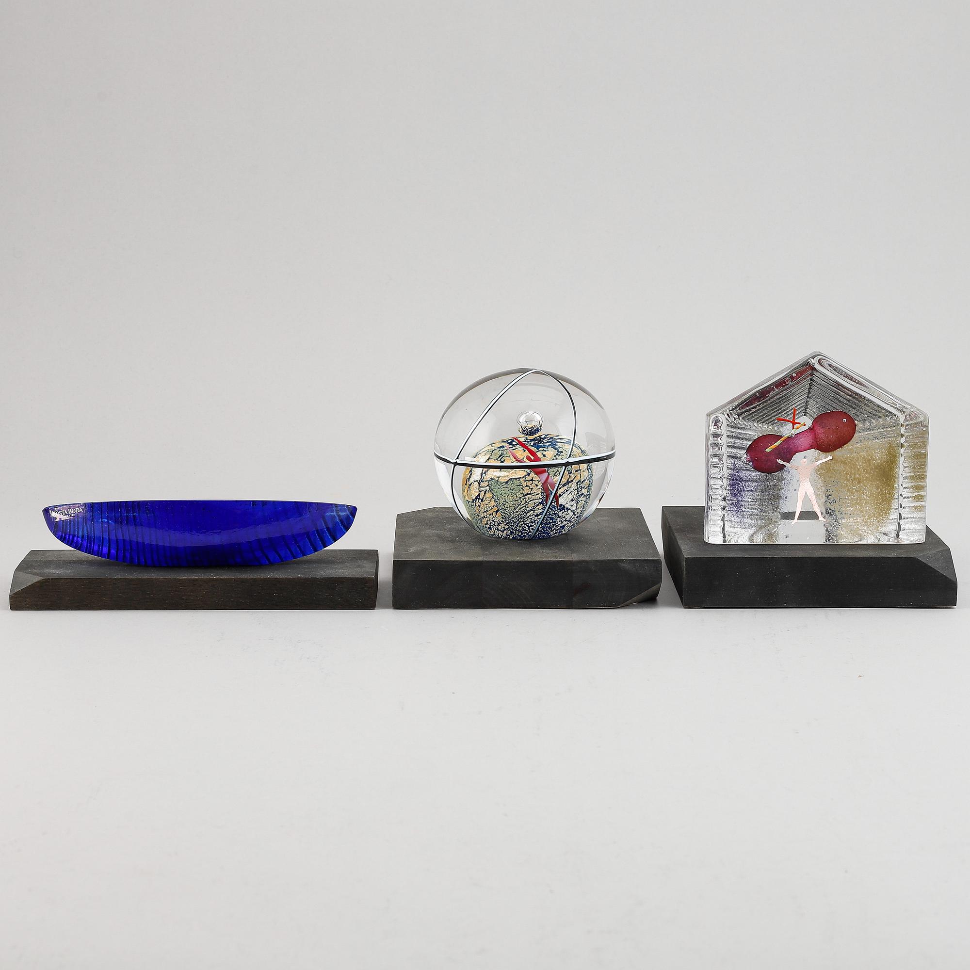 Bertil Vallien, three Kosta Boda glass sculptures.