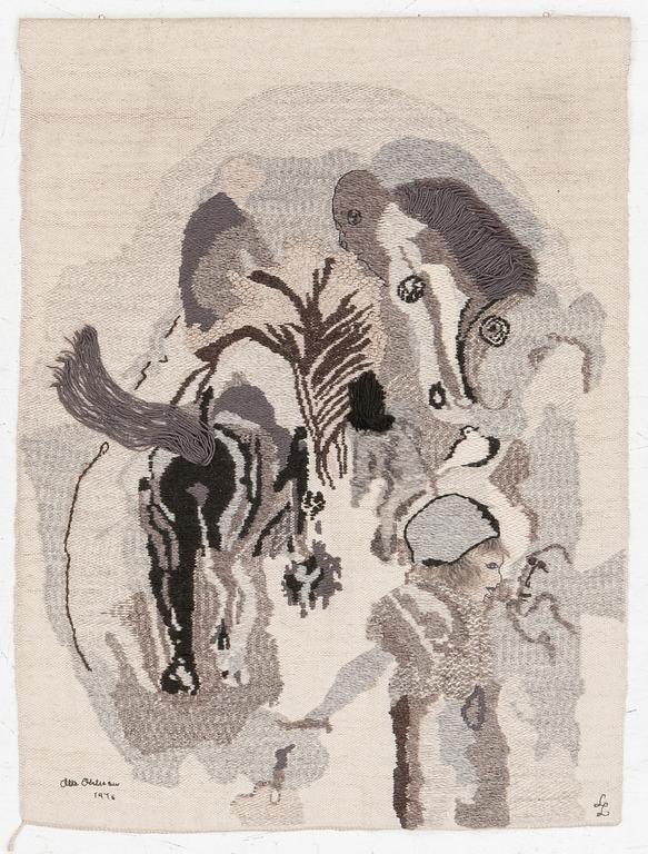 Olle Ohlsson, vävd tapet, "Jordnära", utförd av Lillemor Lindbom, 1976, signerad LL, ca 126x 92 cm.