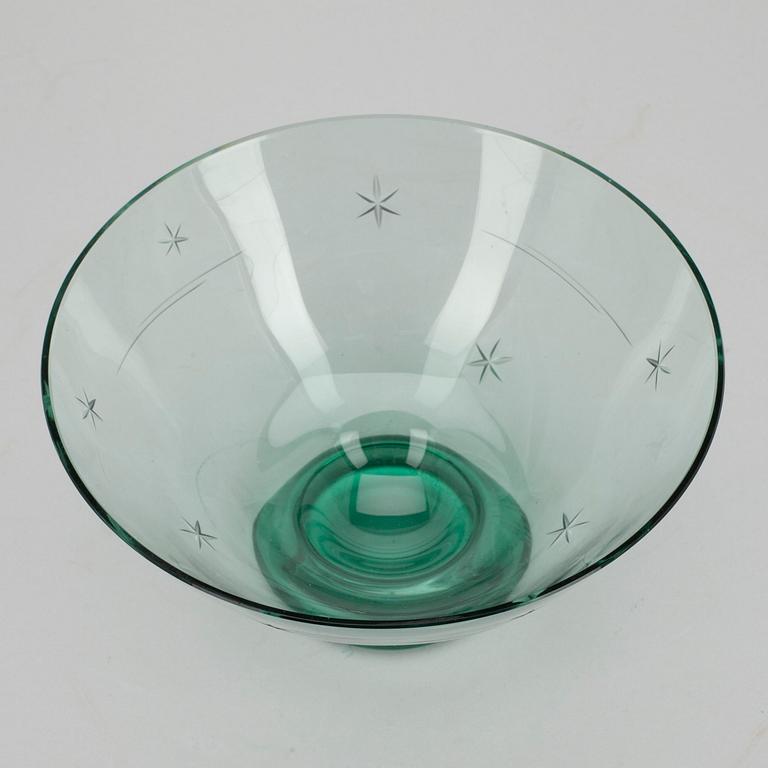 SKÅL, grönt glas, signerad G. Hongell - Karhula. 1940-tal.