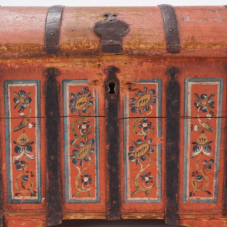 A painted provincial chest, Norbotten, Sweden, dated 1827.