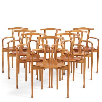 122. Oscar Tusquets Blanca, a set of 8 oak chairs, "The Gaulino Chair", Carlos Jane, Spain, first edition ca 1987-1988.
