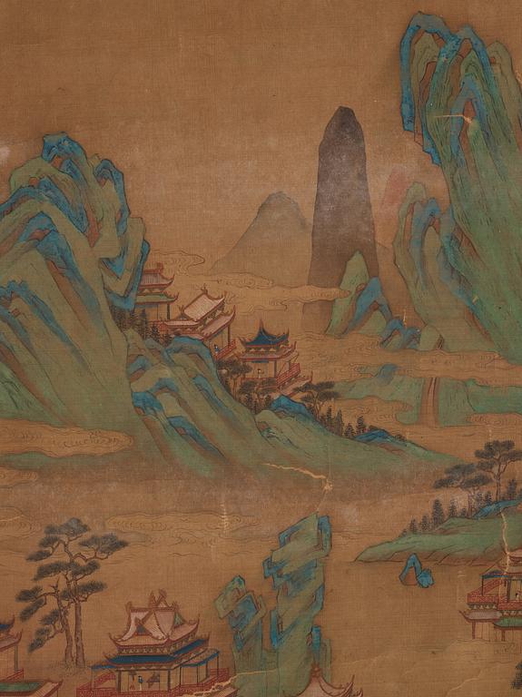 A Chinese scroll painting, ink and colour on paper, Qing dynasty after Wen Zhenming.