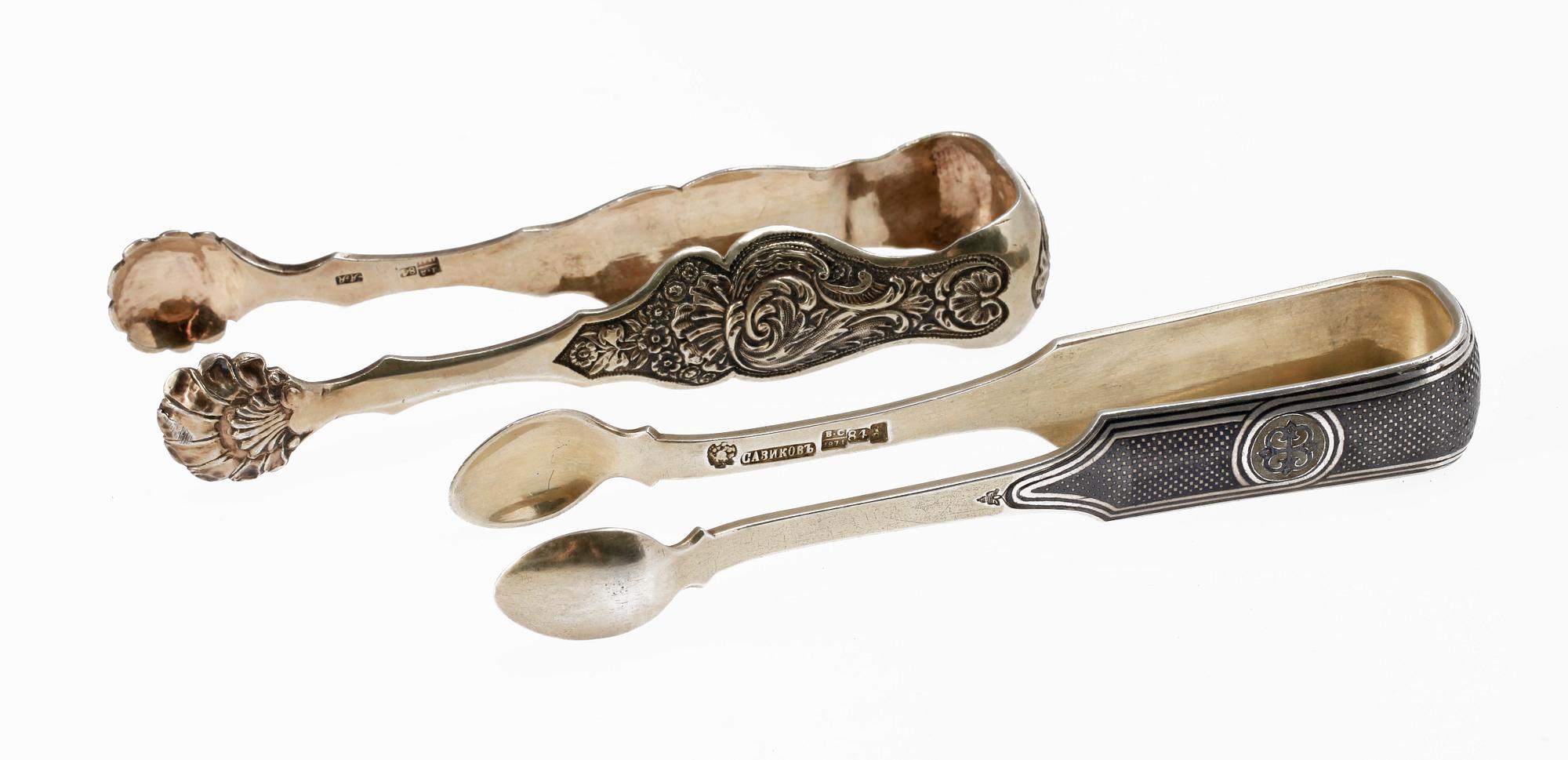 SOCKERTÅNG, ett par, niello, silver. Ryssland, 1800-talets andra hälft. Bla Moskva. Totalvikt ca 100 gram.