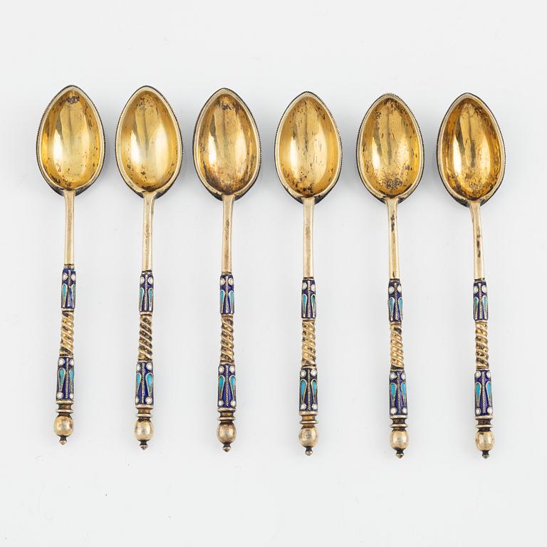 6 enamel spoons, Nikolaj Alexandrow Saposhnikow, Moscow, Russia, 1882-1890.
