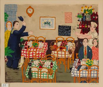 LENNART JIRLOW, lithograph in colours, signed L. Jirlow and numbered LXIV/LXX. Executed in 1975. "Restauranginteriör".