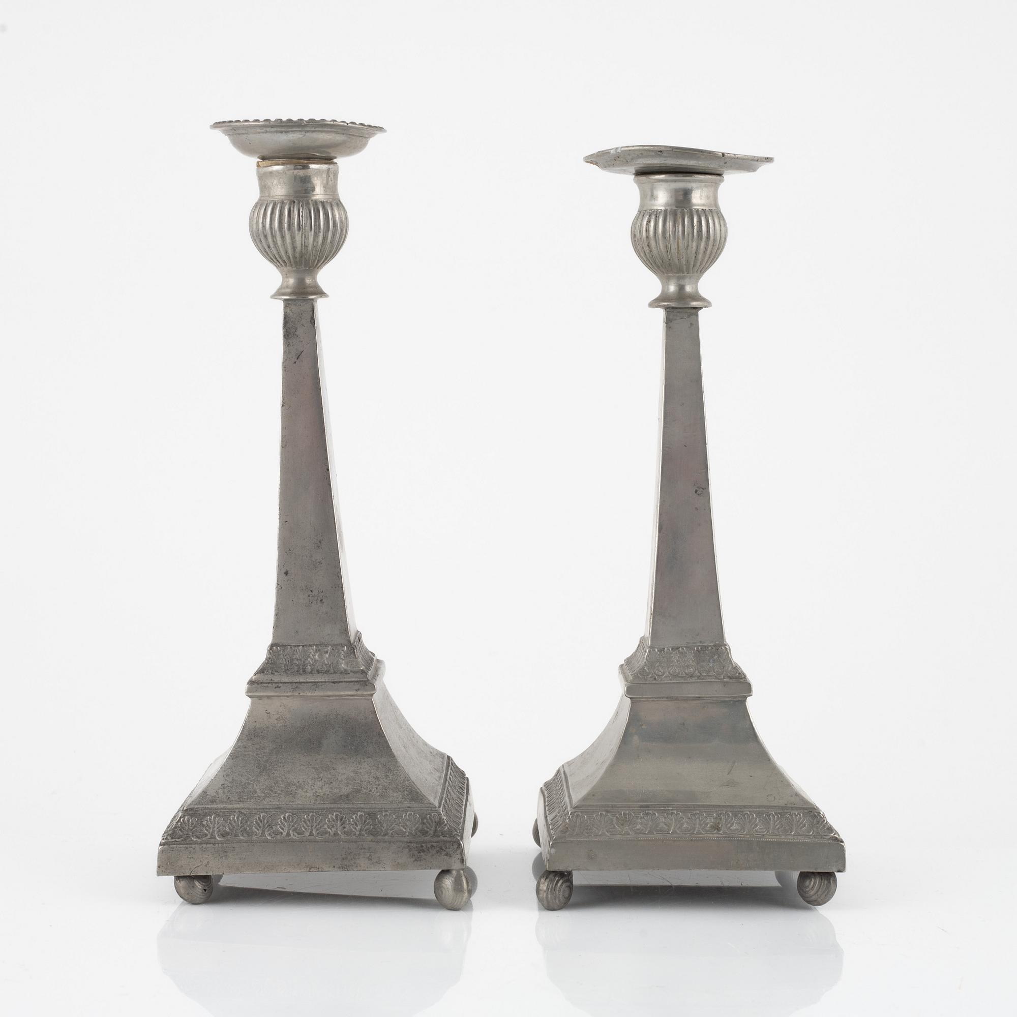 A pair of Empire pewter candlesticks, mark of Sven Ekström, Norrköping 1823.