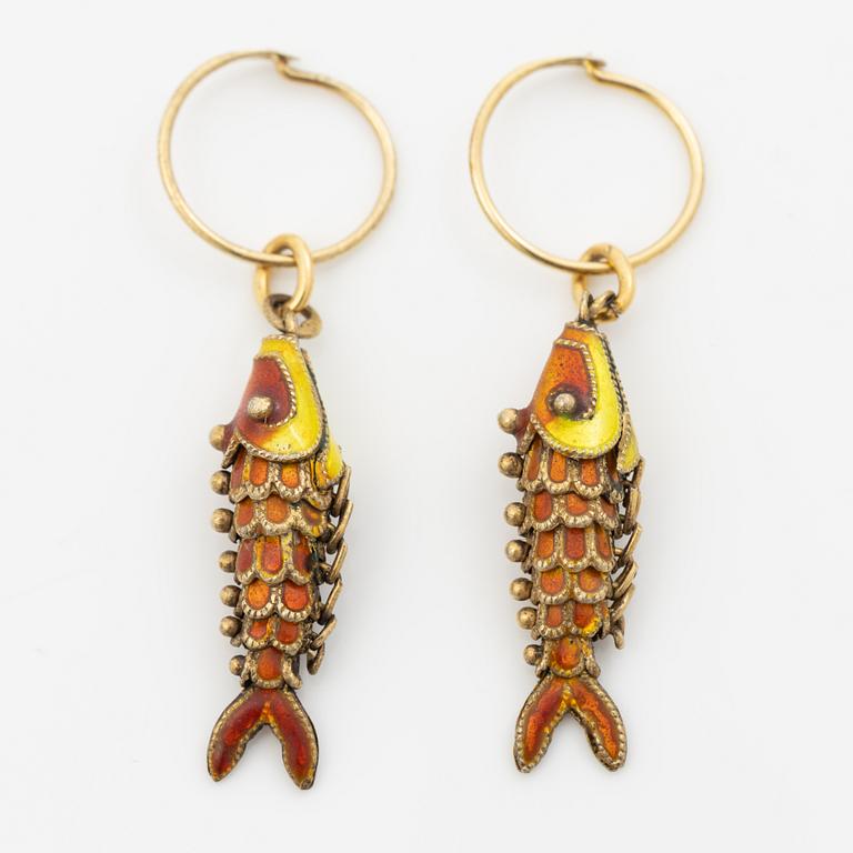 Silver earrings with enamel in the shape of fish.