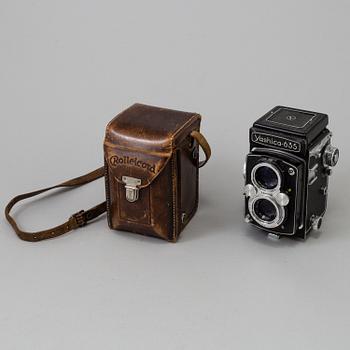 Two Twin Lens Reflex Cameras, a 1950s /60s Yashica 635 and a 1930s Rolleicord.