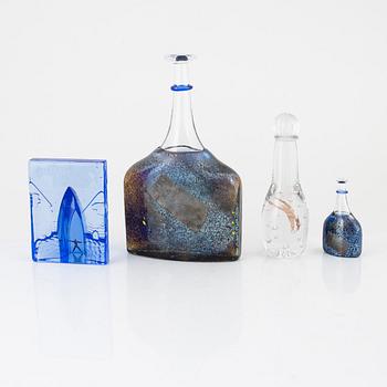 Bertil Vallien, four glass objects, Kosta Boda, Sweden, signed.