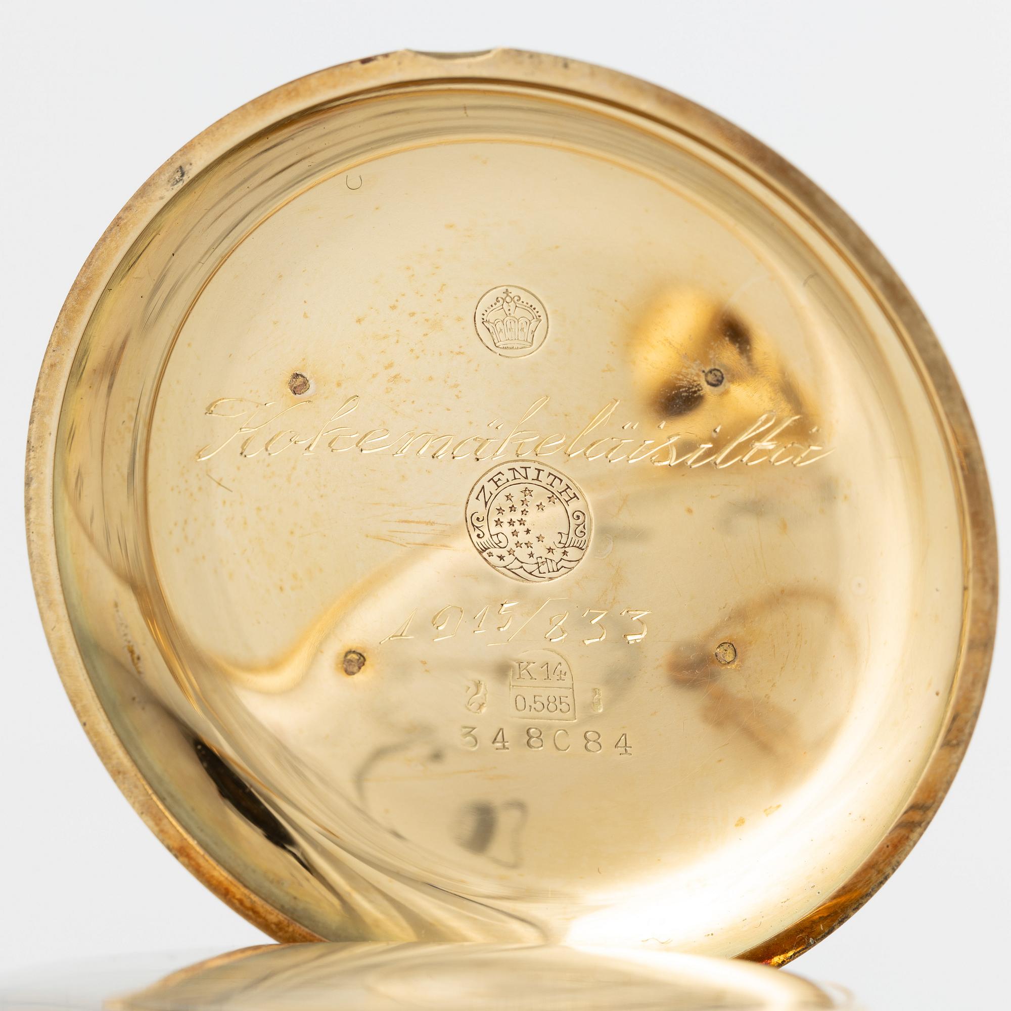 Zenith, pocket watch, 14K gold, hunter, with chain in 18K gold, 51.5 mm.