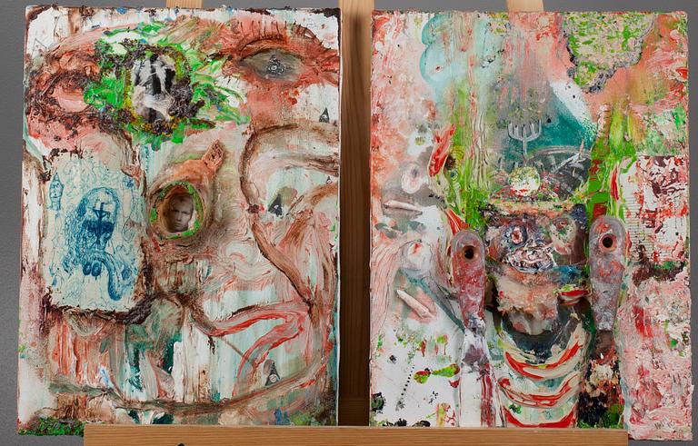 JYRKI RIEKKI, diptyk, blandteknik och kollage på duk, a tergo signerad 2006.