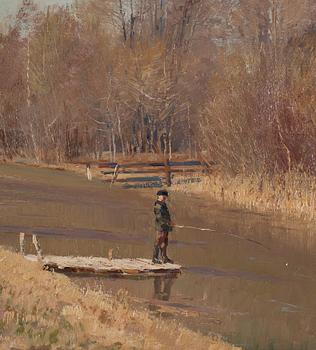 Carl Johansson, Spring landscape with boy fishing.