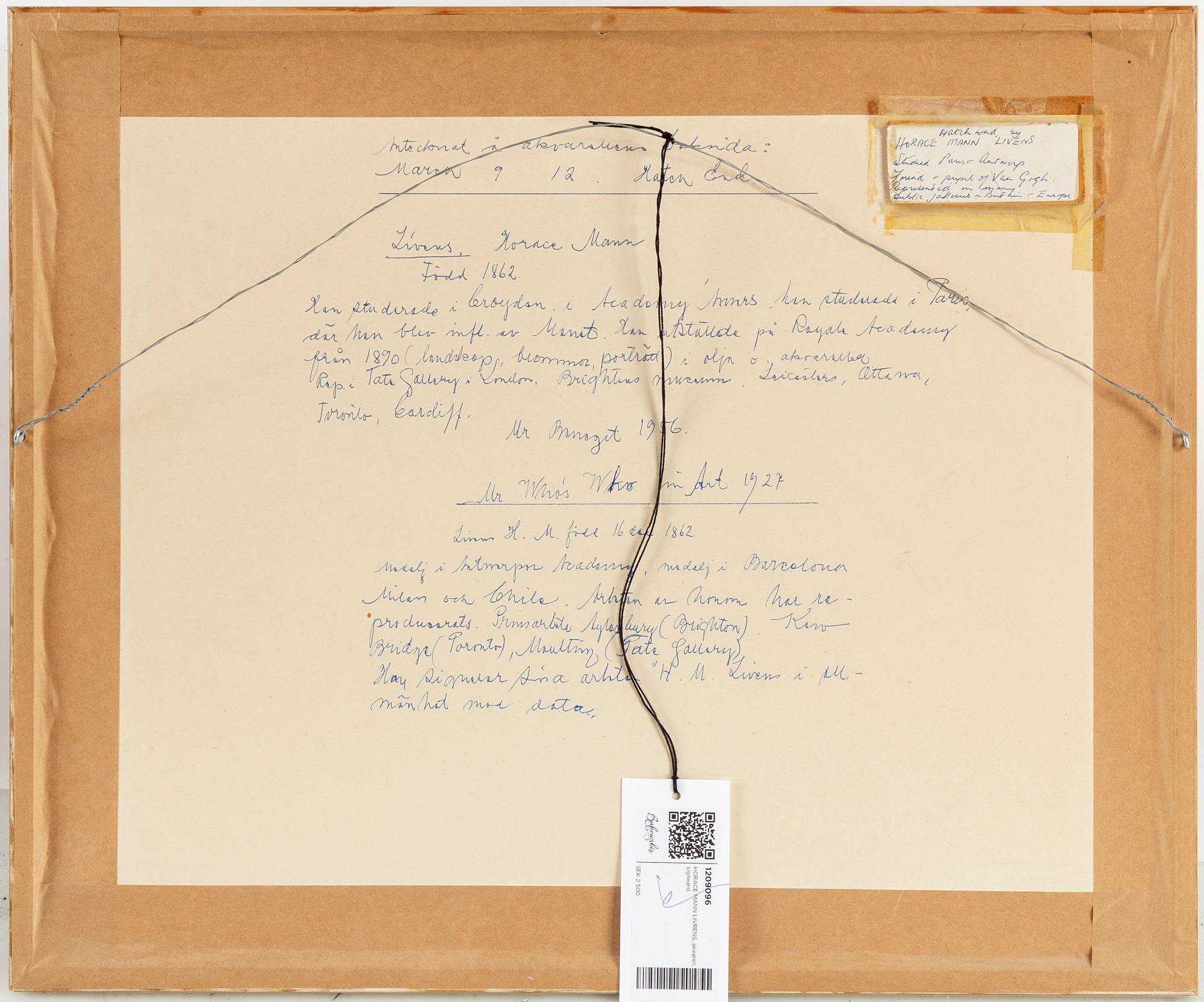 HORACE MANN LIVENS, watercolour, signed.